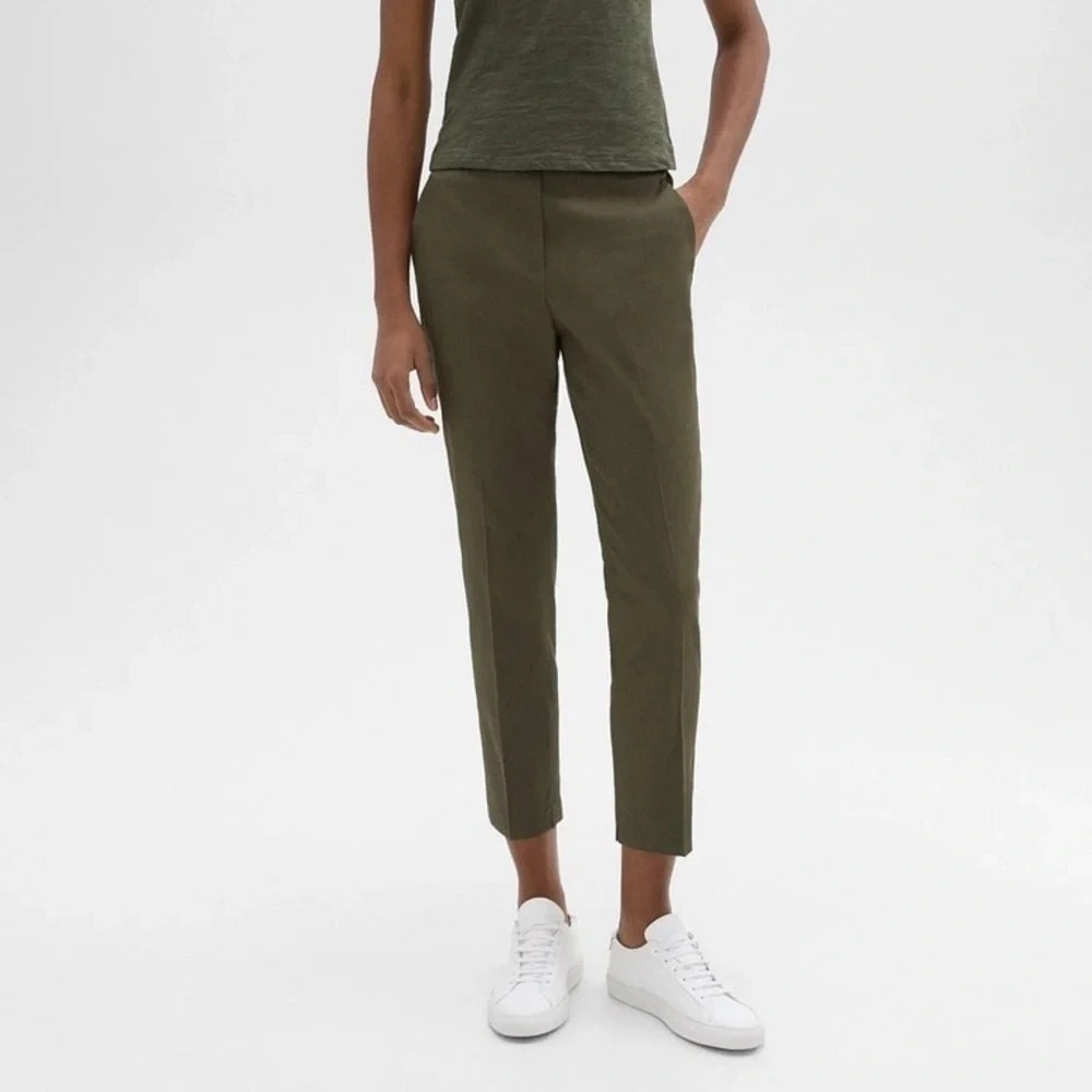 Theory Womens Trecca Pull On Pants Green Size 2 Linen Blend